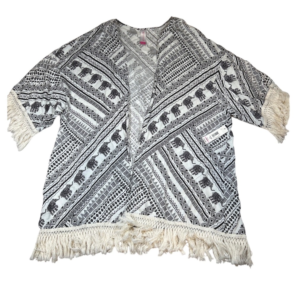 Womens Juniors XXL Kimono Wrap‎ Black White Elephant Boho Fringe Cover Up Beach